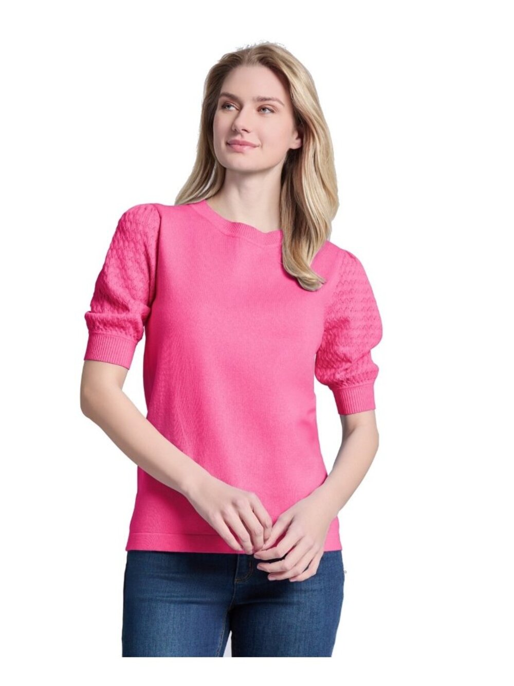Jones New York Women Stitch Puff Sleeve Crewneck Sweater Hot Pink Size XL $80